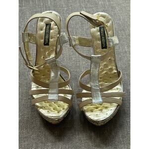 Shane & Shawn Gold Silver T-Strap Wedge Sandal Strappy Heel Sz 7.5
